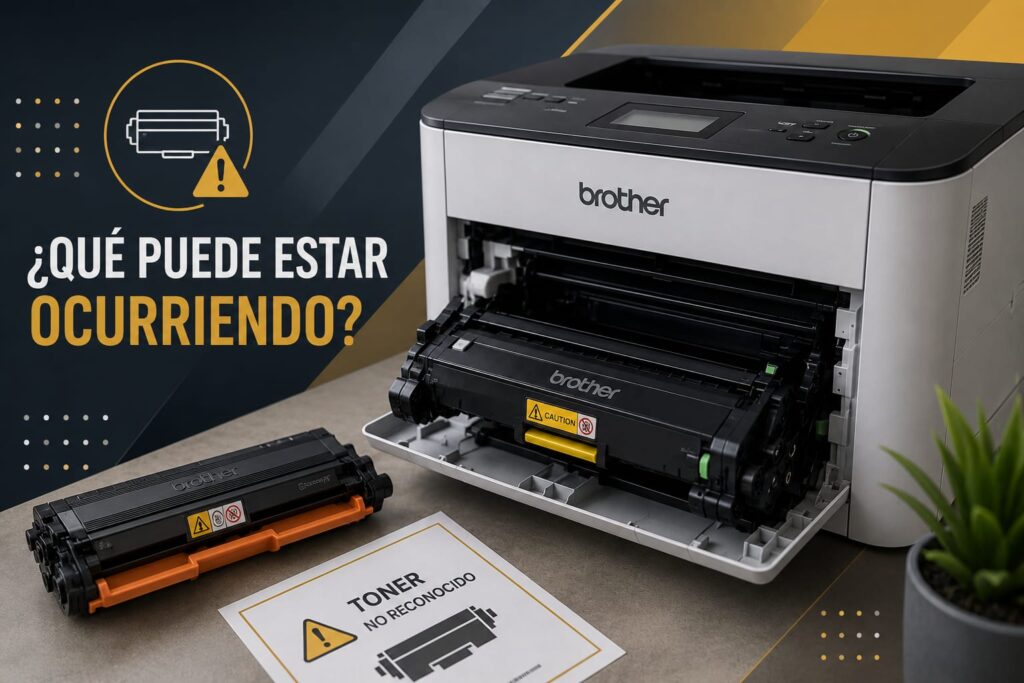 Impresora Brother con problema de reconocimiento de tóner durante una revisión técnica.