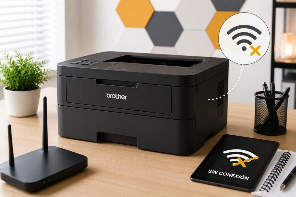 Impresora Brother con problemas de conexión Wi-FI en un escritorio moderno.