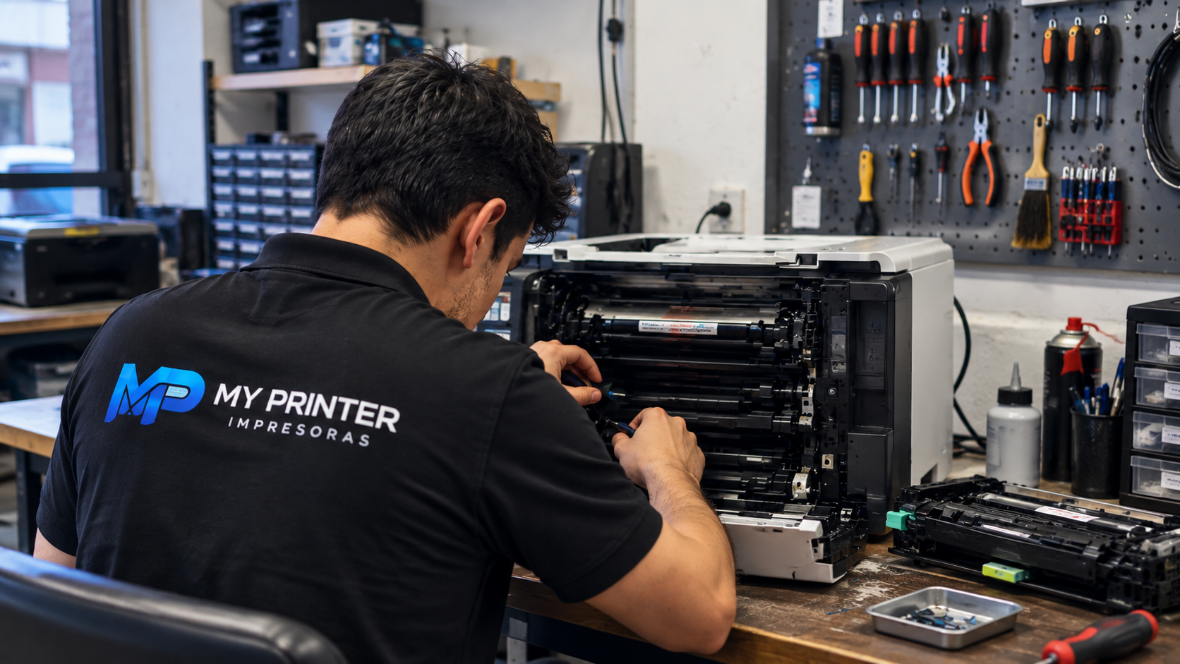 Técnico reparando una impresora